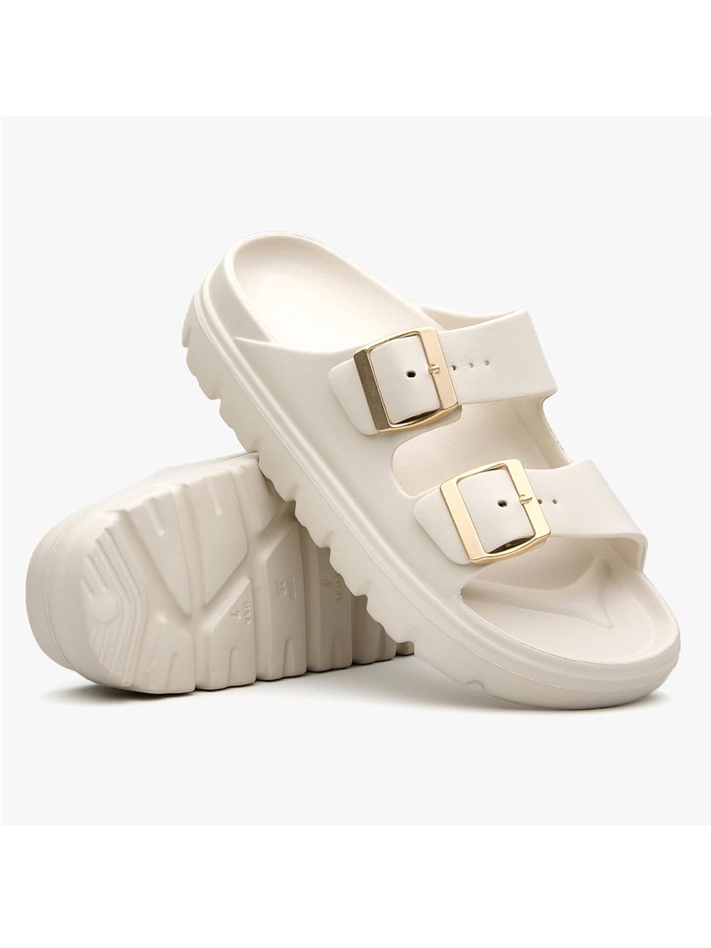 Cream Double-Buckle Platform Slide Sandals